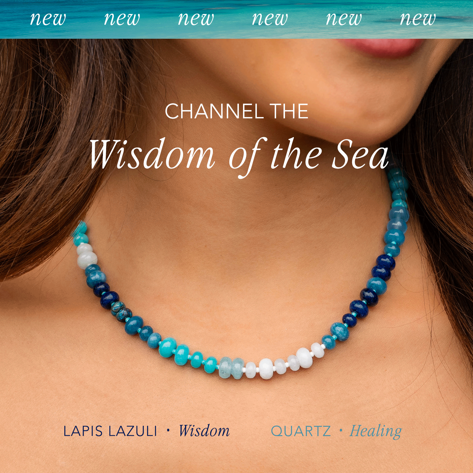 Channel the wisdom of the sea: animated ad for a lapis lazuli and quartz necklace