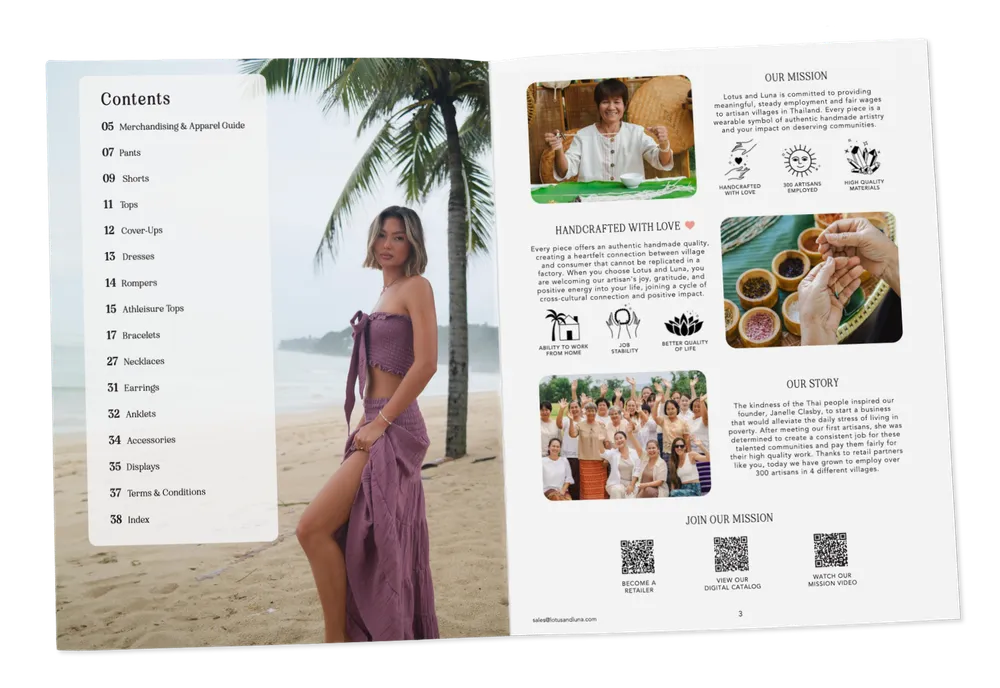 Open wholesale catalog showing the contents page and the Our Mission spread