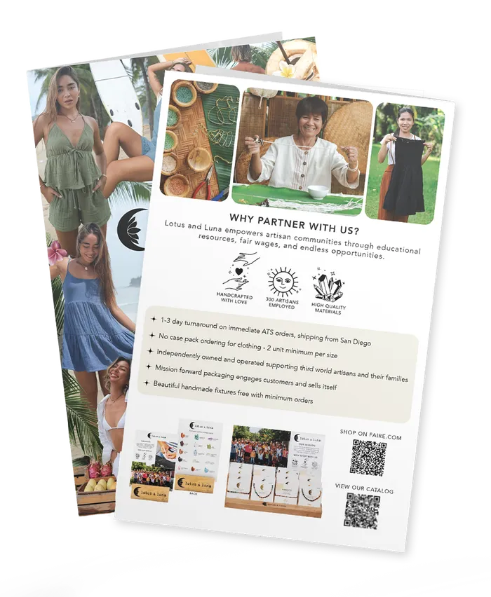 Wholesale mailer: Why Partner With Us, with mission icons and photos of the artisans