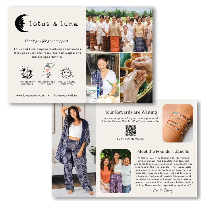 Order insert cards: thank you for your support, your rewards are waiting, and meet the founder