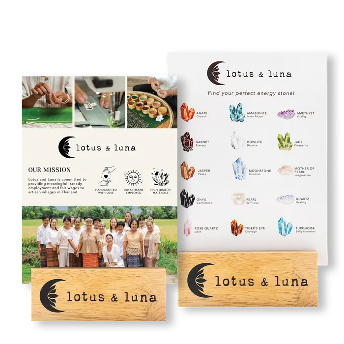 In-store point-of-purchase display with mission cards on wooden Lotus & Luna stands