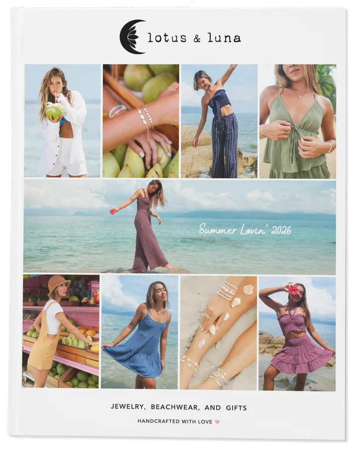 Summer Lovin' 2026 print catalog cover: a grid of beach photos under the Lotus & Luna logo