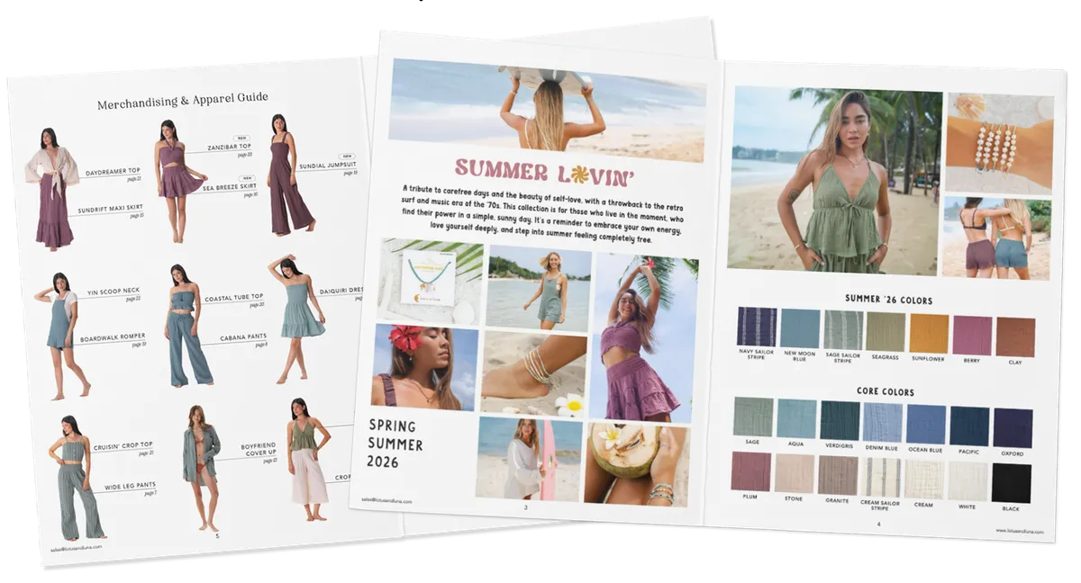 Three fanned catalog spreads: a merchandising guide, the Summer Lovin' story page, and the seasonal color chart