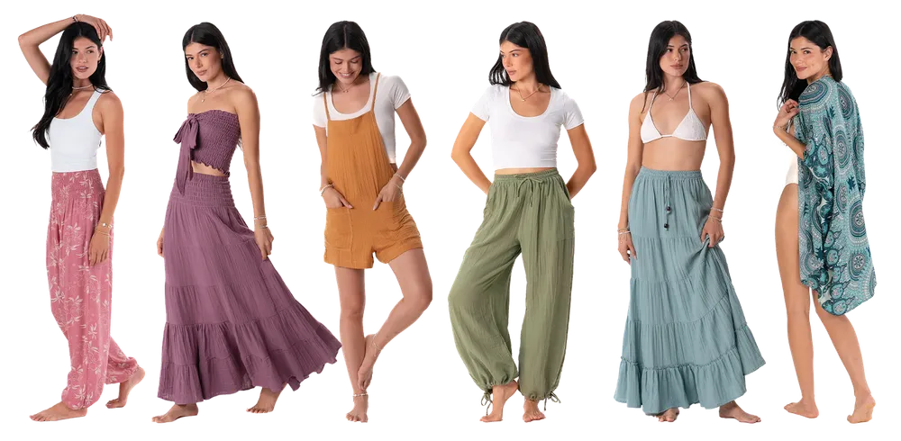 Six models in the collection: pink printed pants, a purple maxi skirt set, an orange romper, sage pants, a teal tiered skirt, and a patterned kimono
