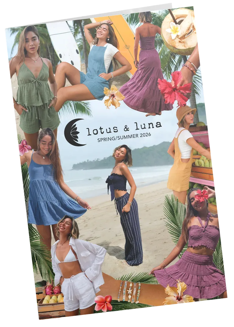 Lotus & Luna Spring/Summer 2026 seasonal mailer, a beach collage of models wearing the collection