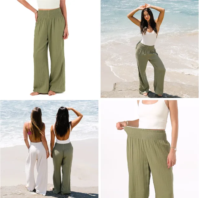 Website product grid: sage wide-leg pants, on the beach and in the studio