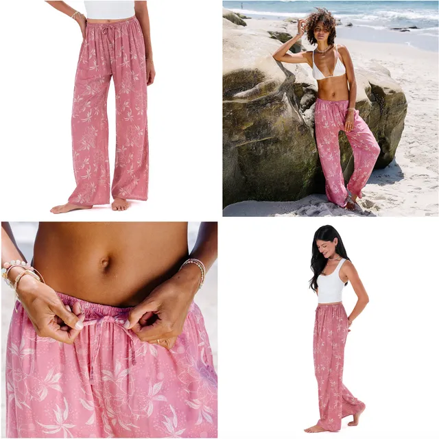 Website product grid: pink printed pants, on the beach and in the studio