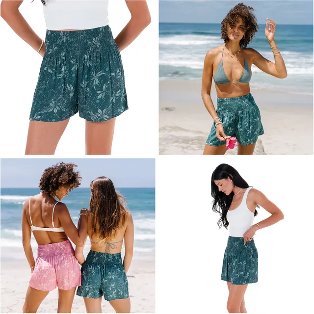 Website product grid: teal printed shorts, on the beach and in the studio